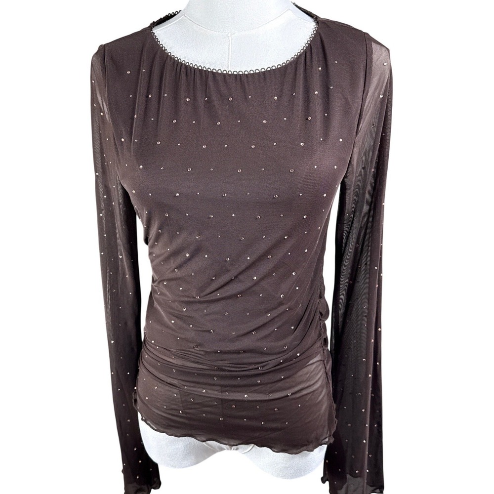 VICI Brown Mesh Rhinestone Ruched Long Sleeve Top LT25786-069 Medium